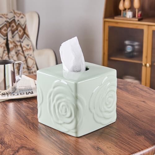 Light Green Ceramic Cube Tissue Box Cover with Rose – Large Elegant Rose Floral Square Decorative Tissue Box Holder for Bathroom, Bedroom, Office Desk, Kitchen Counter – Perfect Housewarming Gift - color: Light Green