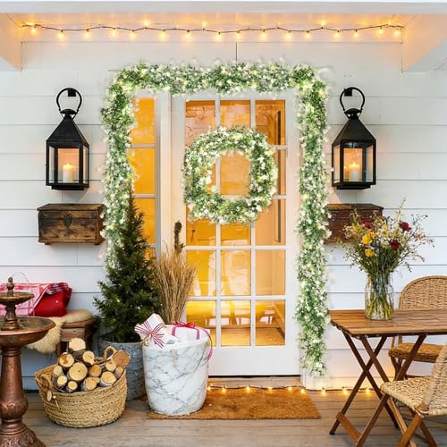RECUTMS Greenery Vines Garland 3 Pack Artifical Garland with Lights Hanging Greenery Table Garland Greenery Artificial Green Leaves for Mantel Wedding Backdrop Arch Wall Indoor Outdoor Decor(White) - color: White With Lights