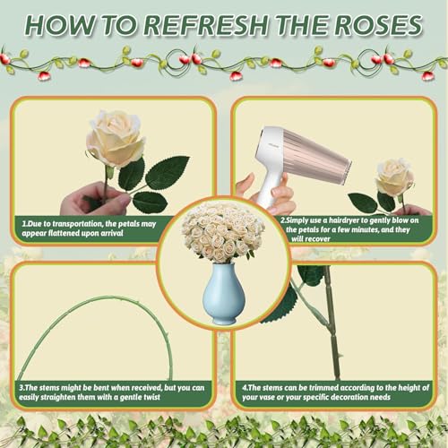 100 PCS Fake Champagne Roses, Artificial Champagne Flowers Bulk Realistic Silk Faux Rose with Stems for Wedding Decoration Anniversary Bridal Bouquet DIY Floral Arrangement Romantic Home Decor Gifts - color: Champagne, size: 100 Pcs