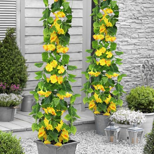 CISDUEO 2 Pcs Artificial Vines Silk Morning Glory Vines for Outdoor 15Feet Hanging Plants Garland Yellow Fake Green Plant Morning Glories for Home Decor Wall Fence Stairway Wedding Hanging Baskets - color: Yellow