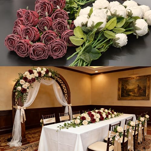 18pcs Artificial Roses, Realistic Fake Roses with Stems, Low Maintenance Real Touch Floral Decor for Home Wedding Table Centerpieces(18, White) - color: White