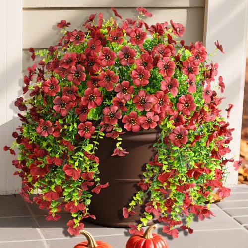 Homsunny Artificial Fake Mums Flowers Plants for Outdoor Decoration, 2 PCS Faux Daisy Silk Flowers Outside UV Resistant Realistic Home Decor for Porch Patio Balcony Garden Window Box(Brown) - color: Brown
