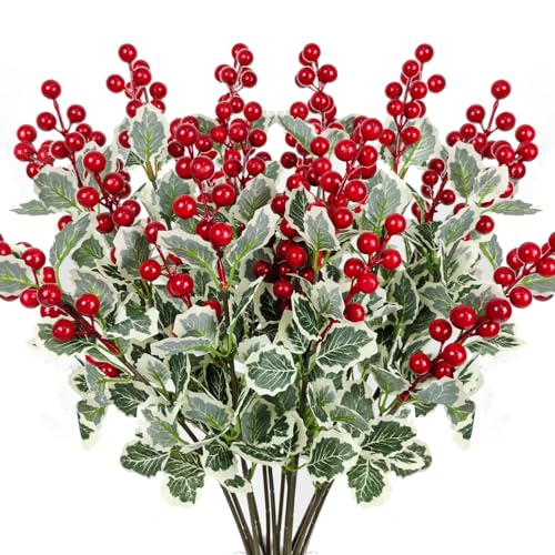10 Pcs Christmas Flowers Artificial Red Berry Picks Decor, Holly Berries Stems, Christmas Tree Decoration, Winter Bouquet Silk Floral Arrangements Home Outdoor Indoor Ornaments