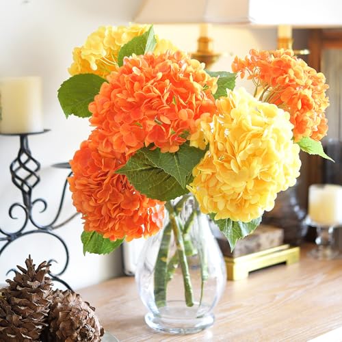 FiveSeasonStuff Real Touch Silk Hydrangea Flowers, 2 Large Long Stem Artificial Flowers for Floral Arrangements (Mixed Sunbeam Yellow & Autumn Orange) - color: Mixed Sunbeam Yellow + Autumn Orange