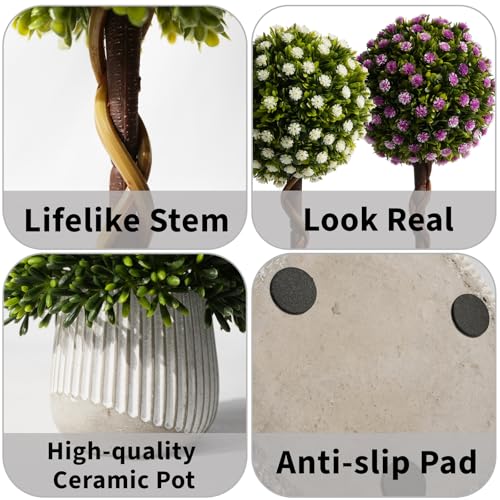 3 Pack Small Fake Plants 14 Inch in Farmhouse Concrete Planter, Artificial Boxwood Topiary ball Indoor for Home Decor, Small Faux Plants for Bathroom Bedroom Shelf Office Kitchen Room Decor - Flowers - color: White Purple-flowers