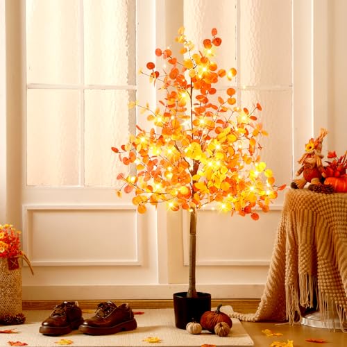 4ft Fall Light up Tree Lighted Eucalyptus Tree Artificial Autumn Ficus Fall Thanksgiving Decor Artificial Faux Plant Trees Decor for Party Porch Fireplace Front Door Outdoor Indoor Decoration - color: Orange