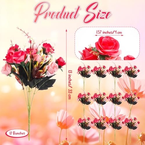 Hotop 12 Bunches of Artificial Flowers Centerpiece 13 Inches Silk Fake Roses Bouquets for Table Decoration Faux Arrangement Flowers for Wedding Cemetery Memorial Day (Rose Red) - color: Rose Red