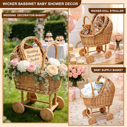 Vintage Wicker Baby Carriage Decor，Woven Rattan Stroller Flower Basket Cart for Wedding Centerpieces, Baby Shower Party Supplies & Nursery Floral Arrangement Props Floral Rustic Home Decor - color: Large-1