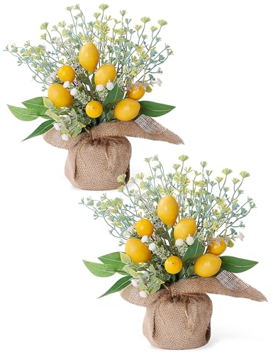 Lemon Kitchen Decor, Centerpieces for Tables, 2 Pcs Lemon Party Decorations for Home, Fake Artificial Lemons Flowers in Burlap Bag Vase, Brighten Your Home Indoor Outdoor Lemons Decorations - style: Lemon Decor (2 Pcs)