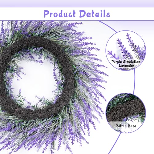 HUZIYAHAN Spring Summer Lavender Door Wreath 21Inch Front Door Wreath All Seasons Wreaths Purple Artificial Lavender Wreaths for Outdoor Outside Indoor Window Home Rustic Farmhouse Decorations - size: 21 inches
