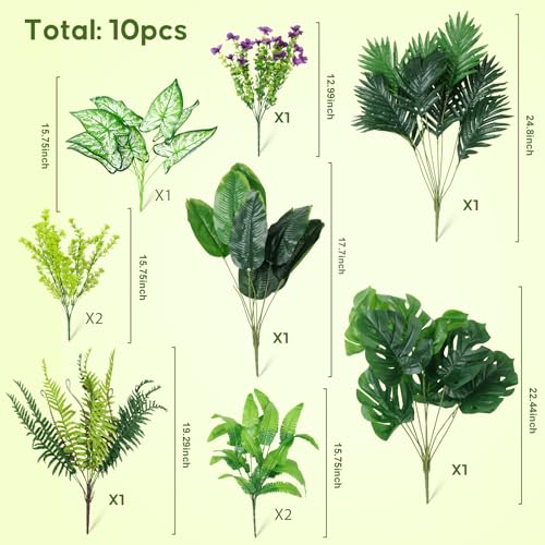 Tall Artificial Greenery Plants Outdoor Faux Shrubs Ferns UV Resistant,Fake Monstera Bird of Paradise Palm Boston Fern,10Bundle Lifelike Artificial Flowers Grass for Window Box Fillers,Porch,Garden - color: Green