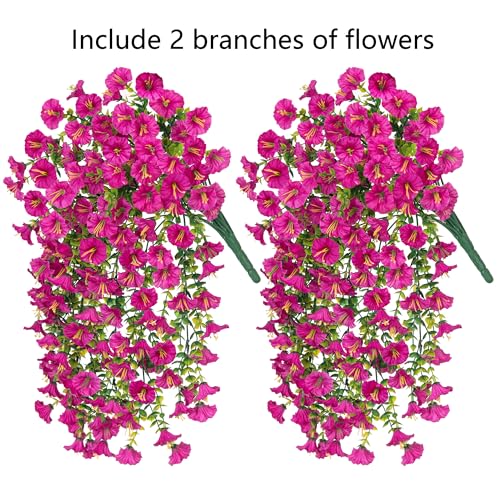 Artificial Faux Hanging Flowers Plant for Outdoor Decor,2 PCS Fake Silk Morning Glory with Eucalyptus UV Resistant Realistic Trailing Vine for Wall Home Porch Patio Balcony Yard Indoor Decor, Fuchsia - color: Fuchsia