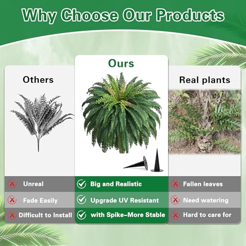 48in 96 Leaves Large Fake Ferns-Set of 2 Artificial Plants Outdoor, UV Resistant Artificial Ferns for Outdoors, Realistic Faux Boston Fern Fake Plants for Porch Home Garden Patio Hanging Decor - size: 2 Count (48 Inches)