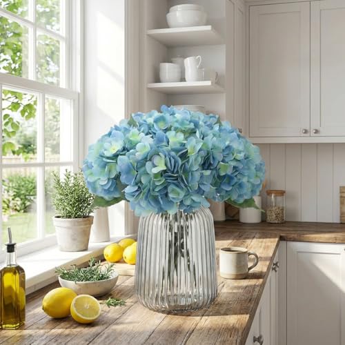5Pcs Artificial Fake Flowers Plants Silk Hydrangea 1 Flower Head Arrangements Wedding Bouquets Decorations Plastic Floral Table Centerpieces Home Kitchen Garden (Dark Blue) - color: Dark Blue