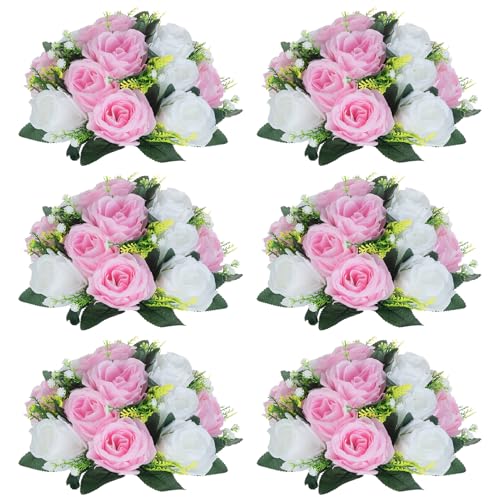 NUPTIO Flower Centerpieces for Wedding Tables: 6 Pcs Pink & White Artificial Flower Ball Arrangement for Weddings Party - Fake Floral Rose for Birthday Bridal Shower Decorations - color: Pink & White, size: 6 Pcs