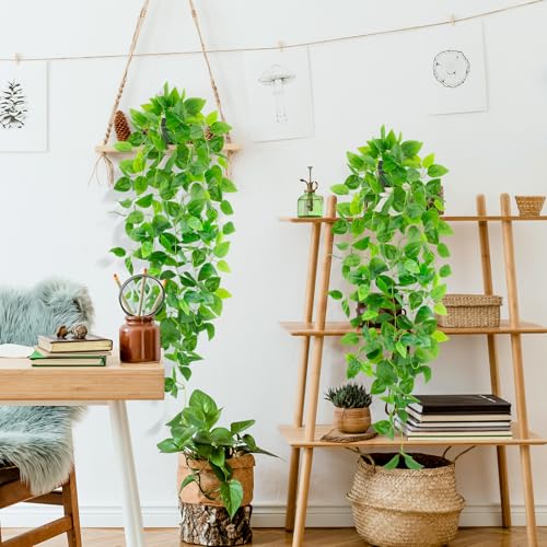 Artificial Hanging Plants with Black Pot, 39.37" Faux Pothos Trailing Vines, Potted Fake Greenery Indoor for Home Bathroom Bedroom Wall Shelf Decor - color: Pothos