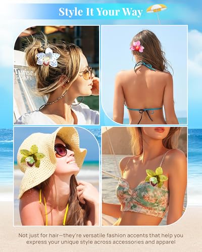 Mesovor 3 Pack Hawaiian Flower Hair Clips, Artificial Tropical Flower Orchid Hair Pin | Rhinestone Hairpins Hair Accessories for Wedding Bridal Beach Party (Pink Orchid) - color: Pink Orchid