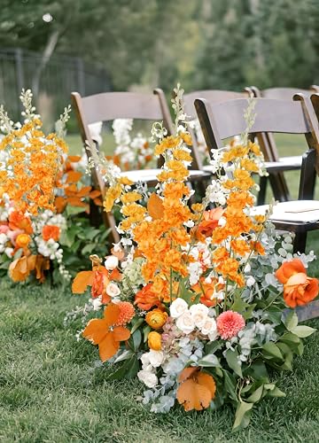 IPOPU 9Pcs Orange Artificial Delphinium Flowers Combo Clematis Greenery Stems, 33.5" Long Stem Larkspur for Wedding Centerpieces, Bridal Bouquet, Home Party Table Decor (Orange) - color: Orange