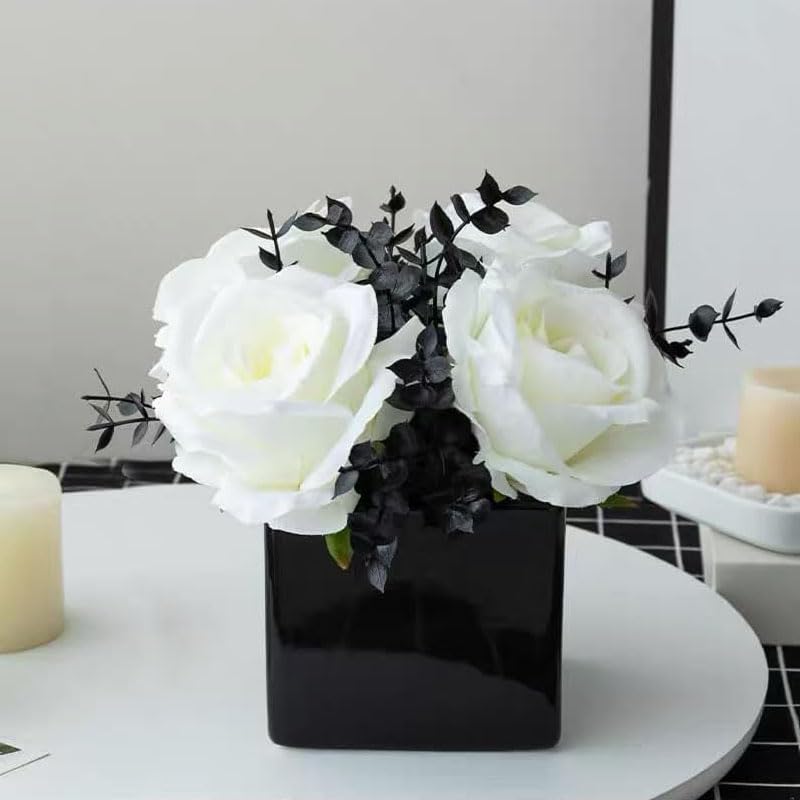 LADADA Artificial Flowers with Small Ceramic Vases | Roses in Vases Plastic Artificial Flowers and Plants,Used for Home Office Wedding Decoration（white + black） - color: White+black