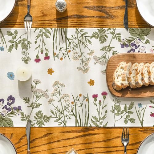 Artoid Mode Floral Wildflowers Herb Spring Table Runner, Seasonal Kitchen Dining Table Decoration for Home Party Decor 13x120 Inch - size: 13" x 120", Table Runner