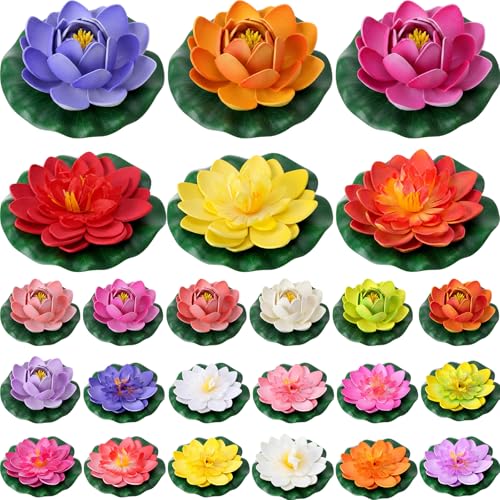 Suncalla 24 Pcs Artificial Floating Foam Lotus Flower with Water Lily Pad, 4", 14 Colors Lifelike Ornament Home Garden Pond Decor Indian Decorations Return Gifts - color: Colorful, size: 4"