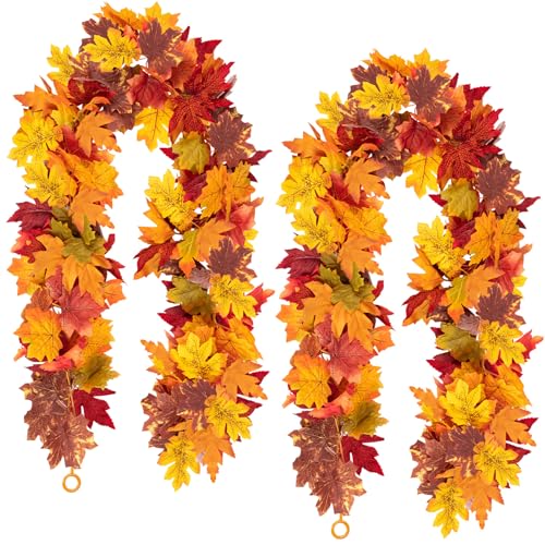 Fall Maple Leaf Garland, 2PCS Thanksgiving Artificial Hanging Fall Leave Vines, Yellow Fall Floral Garlands Halloween Autumn Decor for Home Wedding Party (11.8FT) - color: 2 Yellow
