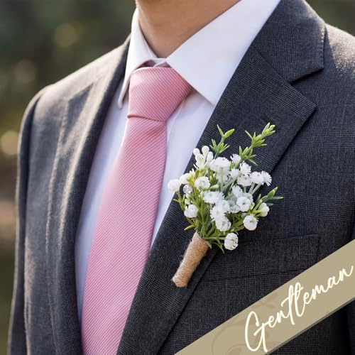 MTLEE 15 Pcs Burgundy Boutonniere for Men Rose Wedding Boutonniere with Pin Groom Groomsmen Buttonholes Man Suit Corsage for Vintage Wedding Ceremony Anniversary Dinner - color: White, style: Babysbreath