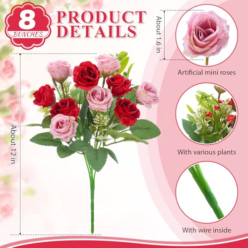 Zeyune 8 Pack Artificial Mini Red and Pink Roses, 12 Inch Fake Flowers with Stems, 80 Small 1.6 Inch Flower Heads, Silk Mini Rose Bouquets for Wedding Centerpieces, Bridal Bouquets, Home Party Decor - color: Red and Pink