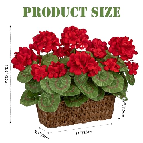 Briful Artificial Geraniums Flowers in Woven Basket Planter, Real Faux Red Silk Geranium Blooms for Outdoor Patio Porch, 13.8" Fake Potted Plant for Home Office Indoor Window Table Centerpiece Décor - color: Red#585