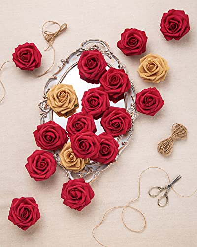 DuHouse 25Pcs Artificial Roses Flowers Fake Roses with Stems Real Touch Foam Flowers for DIY Wedding Bouquet Party Centerpiece Floral Arrangement Party Home Decor(Dark Red) - color: Dark Red, size: 25pcs