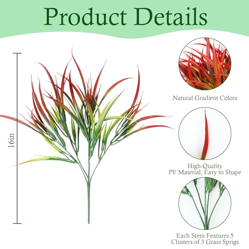 Uieke 6 Bundles Artificial Outdoor Plants UV Resistant Fake Grass Plants Faux Plastic Plants Greenery Shrubs for Home Garden Pathway Window Box Front Porch Cemetery Fall Decor, Autumn Red - color: Red, size: 6