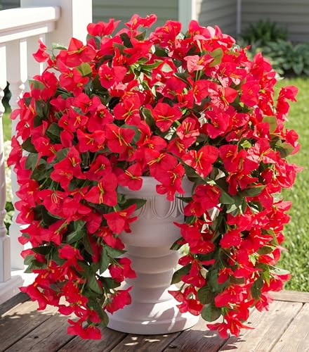 Faux Bougainvillea Artificial Flowers Plants for Outdoor Outside Decoration, 2 PCS Red Fake Flowers UV Resistant Look Real Silk Long Trailing Vines for Front Door Porch Planter Urn Patio Garden Yard - color: Red