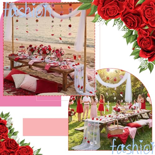 6 Pcs 35.4 Inch Artificial Hot Pink Flower Garlands with 3 Pcs 10 Ft Wedding Tulle Table Runner Wildflower Vines Floral Table Runner Garlands for Wedding Bridal Shower Spring Tea Party - style: Blooming Flower