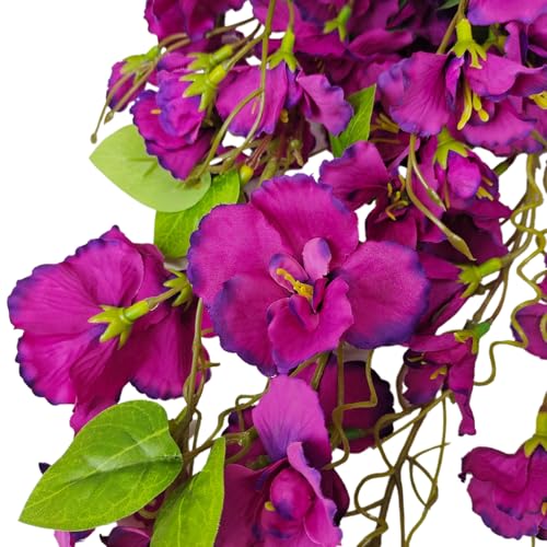 Artificial Fake Hanging Flowers Plants for Outdoor, Faux Silk Hibiscus Long Trailing Vines Realistic UV Resistant for Home Indoor Outside Front Porch Planter Patio Yard Decor,2Pcs (Purple) - color: Purple
