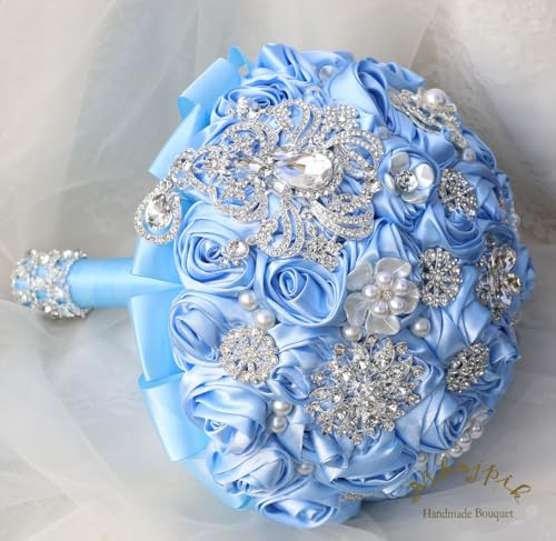 Bridal Wedding Bouquet Round Bling Brooch Bouquet Artificial Rose Flower Bunch for Bride Bridesmaid Wedding Quinceanera(Light Blue, 9.8") - color: Light Blue*, size: Large (Dia. 9.8"/25cm)
