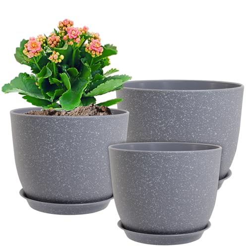 WSMKSZ 12/10/9 inch Large Plant Pots, 3 Pack Modern Decorative Plastic Planters with Drainage Holes and Saucer for House Garden Plants, Flower Pots for Indoor Outdoor Plants, Speckled Grey - color: Speckled Grey, size: 12"+10"+9"