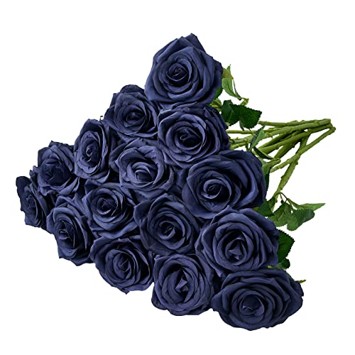 Artificial Navy Blue Flowers Silk Roses Long Stems Fake Bridal Wedding Bouquet for Home Garden Party Floral Decor 15pcs(VASE is NOT Included) - color: Navy Blue