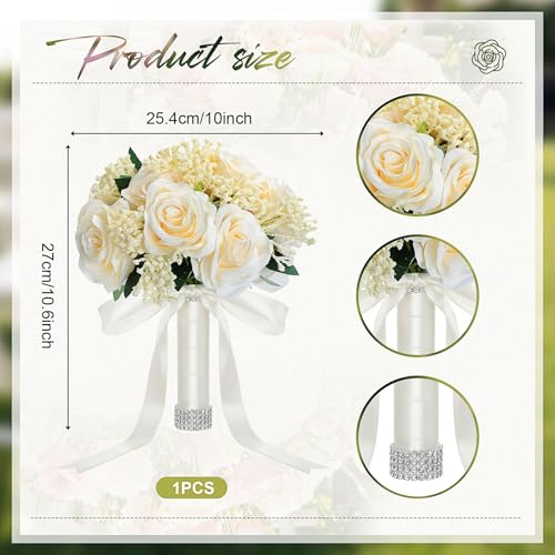 Janinka 10 Inch Large Wedding Bouquets for Bride Bridesmaid Artificial Rose Flowers Paired with Silk Ribbon and Rhinestones Bridesmaid Bouquet for Proposal Party Church Decoration(Champagne,Rose) - color: Champagne, style: Rose