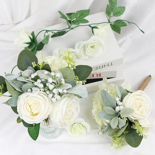 Bridesmaid Bouquets Set of 2 - Ivory White Artificial Flowers Bouquet for Bridesmaids Wedding Small Floral Centerpieces for Marriage Proposal Party Anniversary Dining Table Decor -7 Inch - color: White, size: 2pcs Bouquets