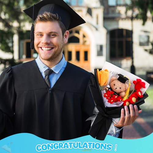Graduation Crochet Flower Bouquet Set Includes Bear Knitted Tulips Forget-me-nots Lily of the Valley Greeting Card Gift Bag 2026 Black Flower Bouquet Graduation Gift - color: Black, style: Knitted Bear and Tulip