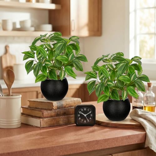 2 Packs Artificial Plants in Black Pot, 12" Faux Plant | Realistic Tradescantia Zebrina Fake Plants Potted Decorative for Home Kitchen Office Desk Bookshelf Decor - color: Pale-green