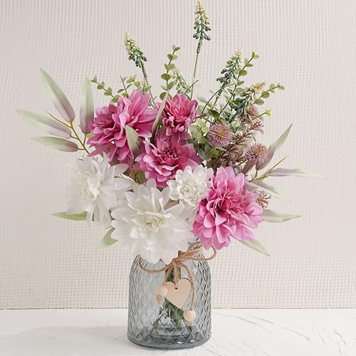LUEUR Artificial Dahlia Flowers with Vase – Rose Red Faux Flower Arrangement, Romantic Floral Centerpiece Table Decorations for Coffee Table, Dining Room, Living Room & Farmhouse Spring & Summer Decor - color: Rose Red