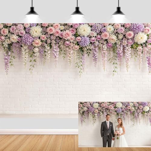 JAWO 6X4ft Floral Brick Wall Backrop Pink Purple Rose Hydrangea Hanging Vine White Brick Wall Photography Backdrop Wedding Bridal Baby Shower Birthday Anniversary Party Decor Photo Booth Prop - color: Purple2, size: 6X4
