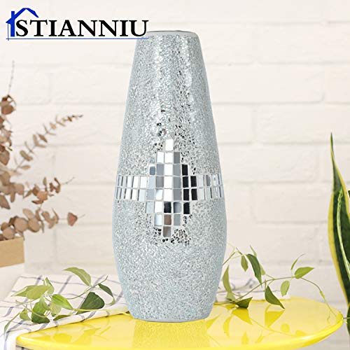 Decorative Shine Vase Stunning Handmade Mosaic Crackle Glass House Decor Table Centerpieces Modern Room Decoration (Silver) | Decorative shine Vase ，Stunning Handmade ，Modern Room Decoration vase