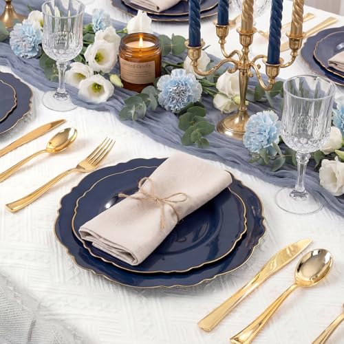 WDF 100pcs Blue Plastic Plates - Baroque Blue&Gold Disposable Plates for Parties/Wedding-50Plastic Dinner Plates 10.25in, 50Salad Plates 7.5in for Party/Birthday/Wedding/Independence Day/Father's Day - color: Blue and Gold, size: 100PCS