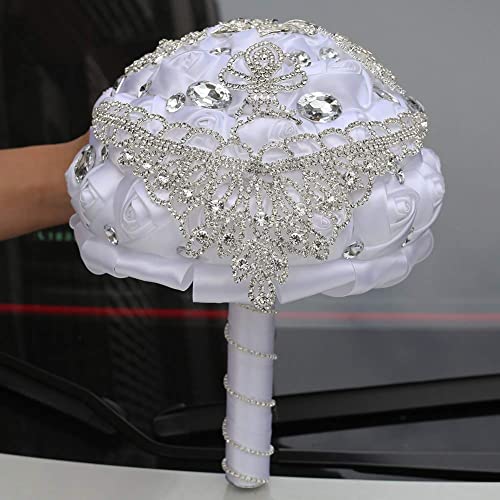 Big Size (8.26") Handmade Rhinestones White Bridal Wedding Bouquet Diamond Bridesmaids Satin Rose Flower with Ribbon for Wedding Time of Marriage (White) - color: White