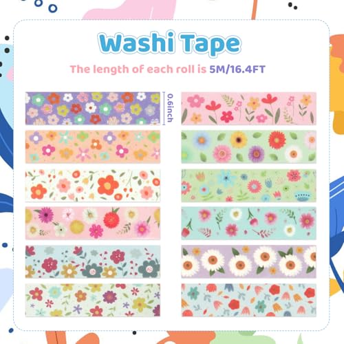12 Rolls Flower Washi Tape Set, Watercolor Floral Botanical Decorative Masking Tapes, Cute Blooms Adhesive Tapes for Spring DIY Art Crafts Scrapbook Planners School Gift Wrapping Supplies 16.4Ft - color: M