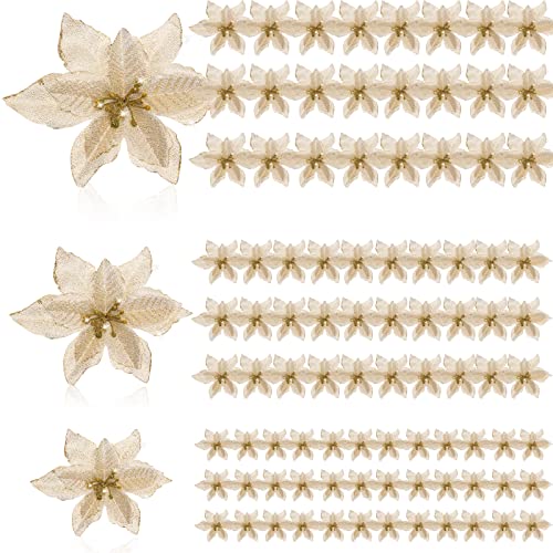 Geosar 100 Pcs 3 Size Christmas Poinsettia Flowers with Clips Glitter Artificial Flowers Small Christmas Tree Ornaments Faux for Xmas Party DIY Craft Wreath Garland New Year, 3/4/6 Inches(Gold) - color: Gold