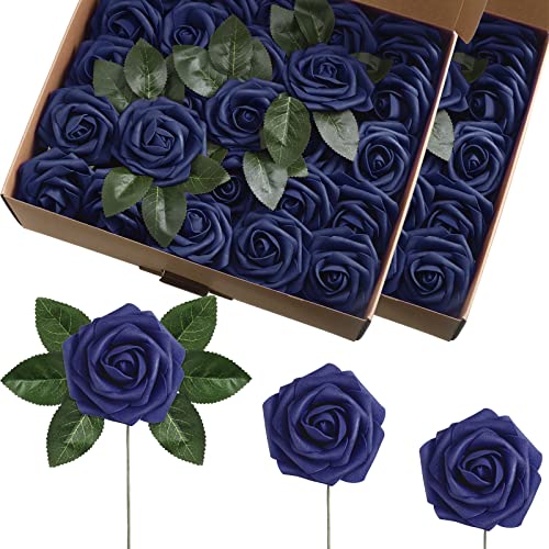 50 Pcs Artificial Foam Rose Flower Faux Bouquet Wedding Fake Rose Gift for Mother's Day Women DIY Bridal Shower Party Table Birthday Home Spring Decor (Navy Blue) - color: Navy Blue