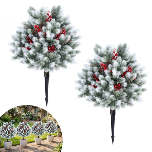 Goplus Artificial Cedar Topiary Ball Trees Set of 2, 27.5" Faux Pine Needle Bushes with Ground Spikes, Sun-Resistant Indoor Outdoor Fake Shrub Plants for Front Porch, Patio, Yard Winter Decor - color: Cedar